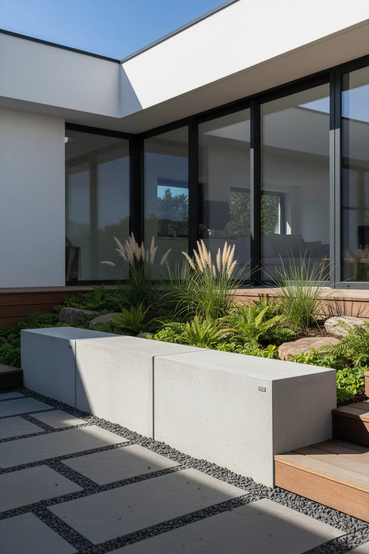 Betonblock als Sitzmöglichkeit in einem Garten