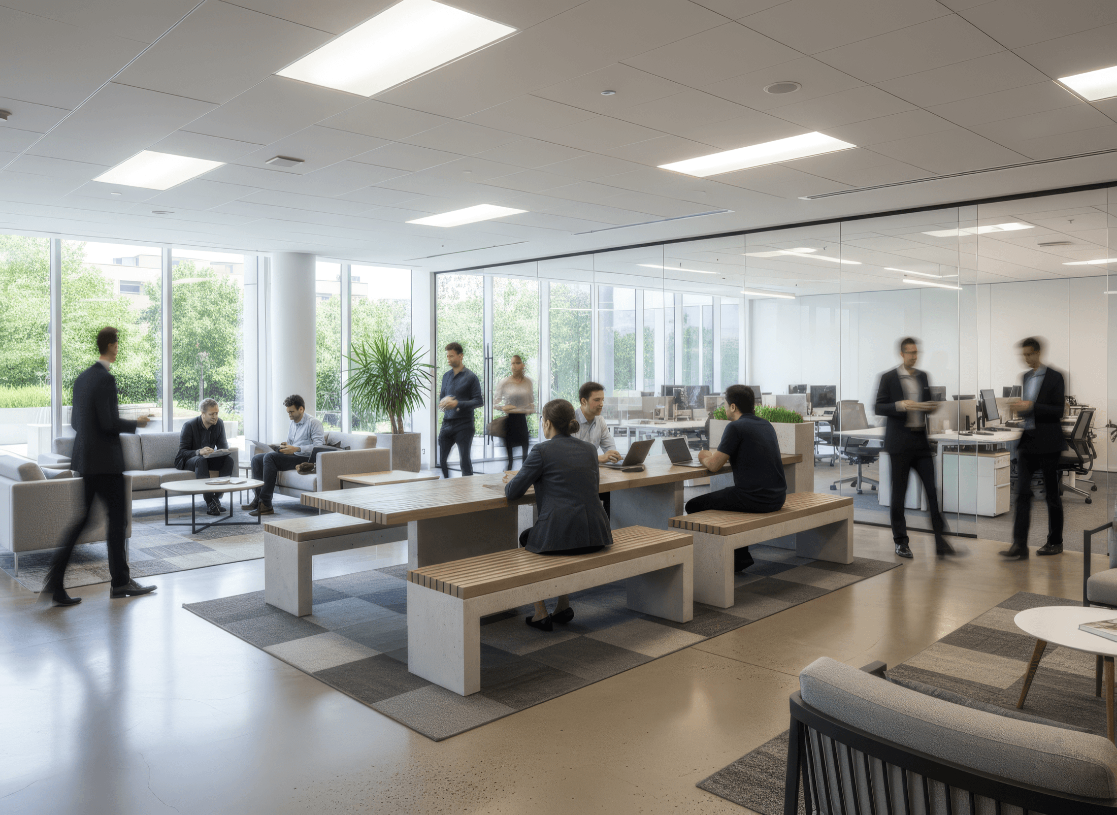 Moderner Bürobereich mit Betonmöbeln und Besprechungssituation