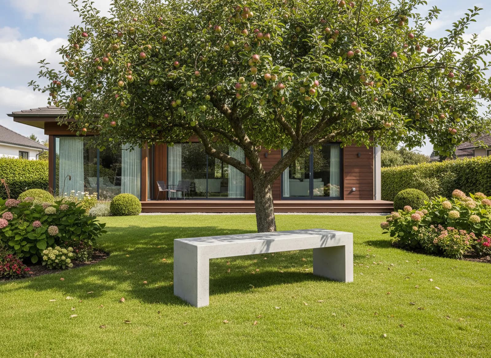 Betonbank in einem Garten vor einem Wohnhaus